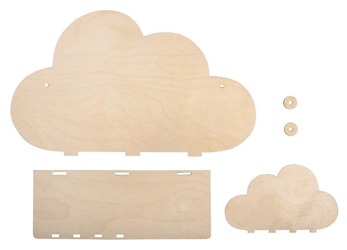 Rayher 62975505 Wood Shelf Construction Kit with Interlocking Parts, Cloud-Shaped Kid's Wooden Shelf, 5 slot-together Pieces, 35x21x10 cm