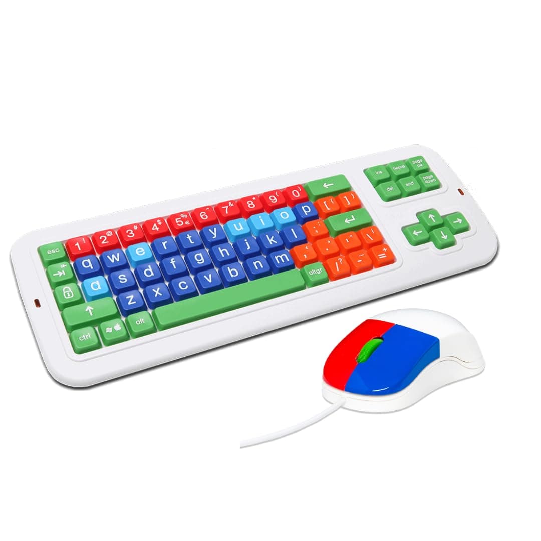 Clevy Kids Mouse and Keyboard Bundle - Spill Proof Large Print Lowercase Kids Keyboard + Matching Kids Mouse Ergonomic USB - Compatible with Win & Mac OS
