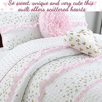 Cozy Line Home Fashions Pink Ruffle Gold Hearts Girl 100% Cotton Reversible All-Season Coverlet, Bedspread, Quilt Bedding Set (Sparkling Hearts, Queen - 5 Piece: 1 Quilt + 2 Shams + 2 Decor Pillows)