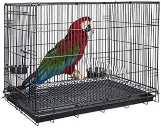 Large Durable Metal Travel or Veterinary Easy Collapsable Parrot Bird Carrier Beaks Proof Carrier Cage Easy Clean Pull Out Tray Stainless Steel Feeder Bowls Natural Wooden Perch
