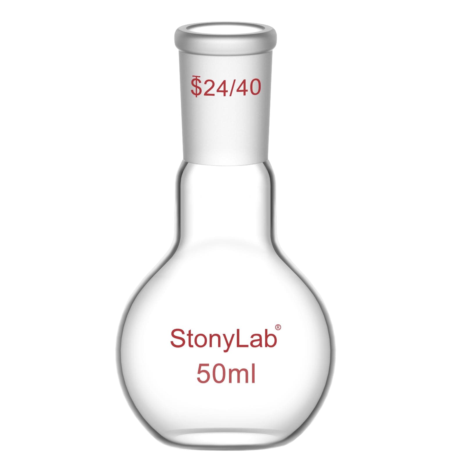 StonyLab Glass 50mL Heavy Wall Single Neck Flat Bottom Boiling Flask, with 24/40 Standard Taper Outer Joint - 50mL