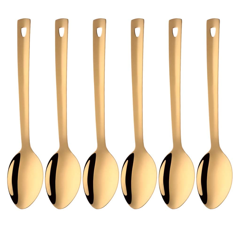 Dongbo Stainless Steel Serving Spoons: Long Handle Flatware Set of 6 - Large Metal Kitchen Serving Tablespoons for Buffet Banquet 13-Inch Gold