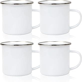 4 Pcs Sublimation Blank White Enamel Mug 12 OZ with Silver Rim Camping Travel Coffee Metal Mug Can be used as a gift for Christmas Thanksgiving Mother's Day Father's Day