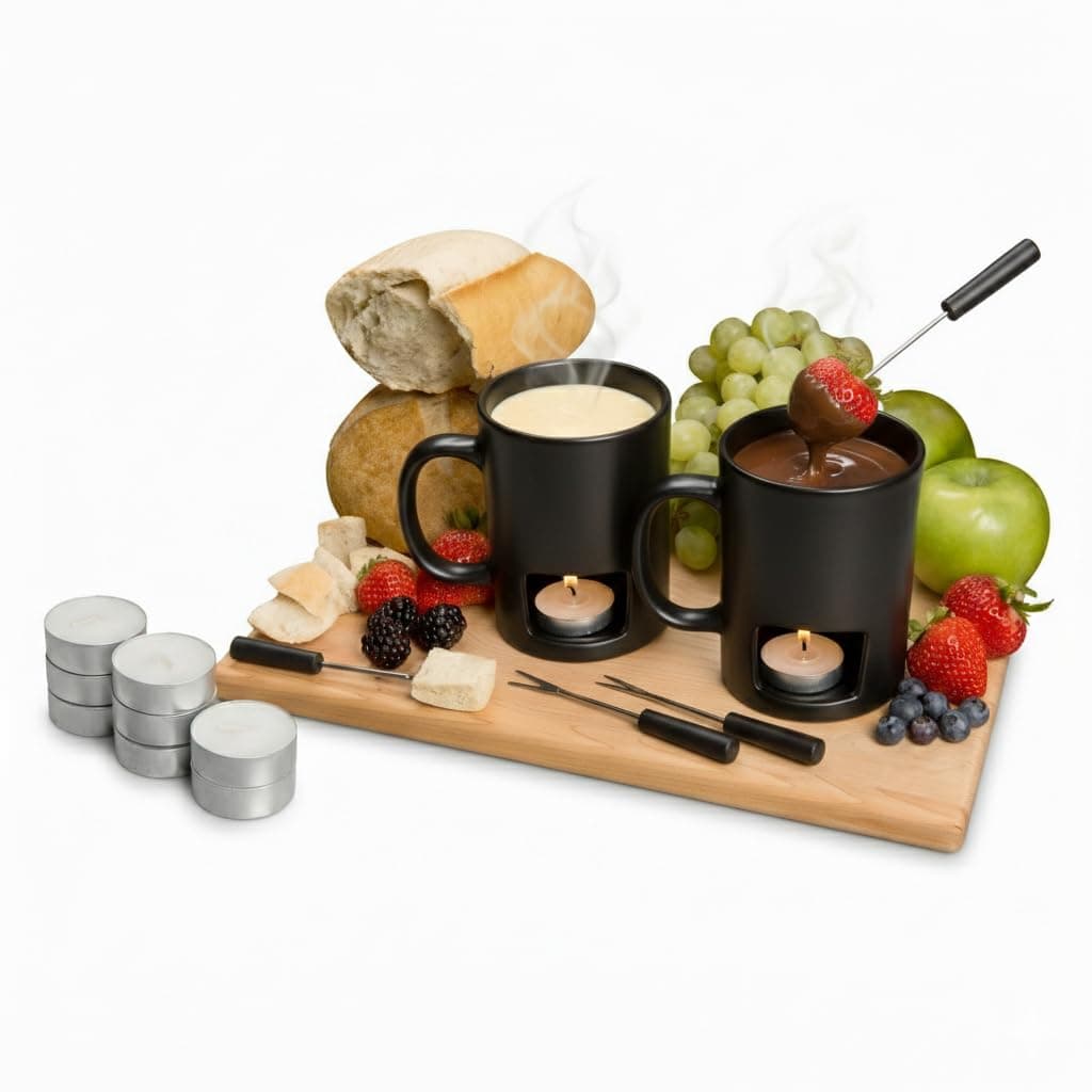 Fondue Pot Set for Chocolate, Cheese, Candy (2 Pack) Mini Ceramic Fondue Mugs Gift Set with 4 Forks & 8 Candles - Great for Date Night Birthday & Wedding Gifts – Black