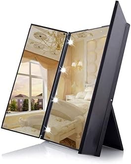 Dproptel Unique Tri-Fold Cosmetic Makeup Travel Compact Make Up, Black, 8LEDs Pocket Mirror