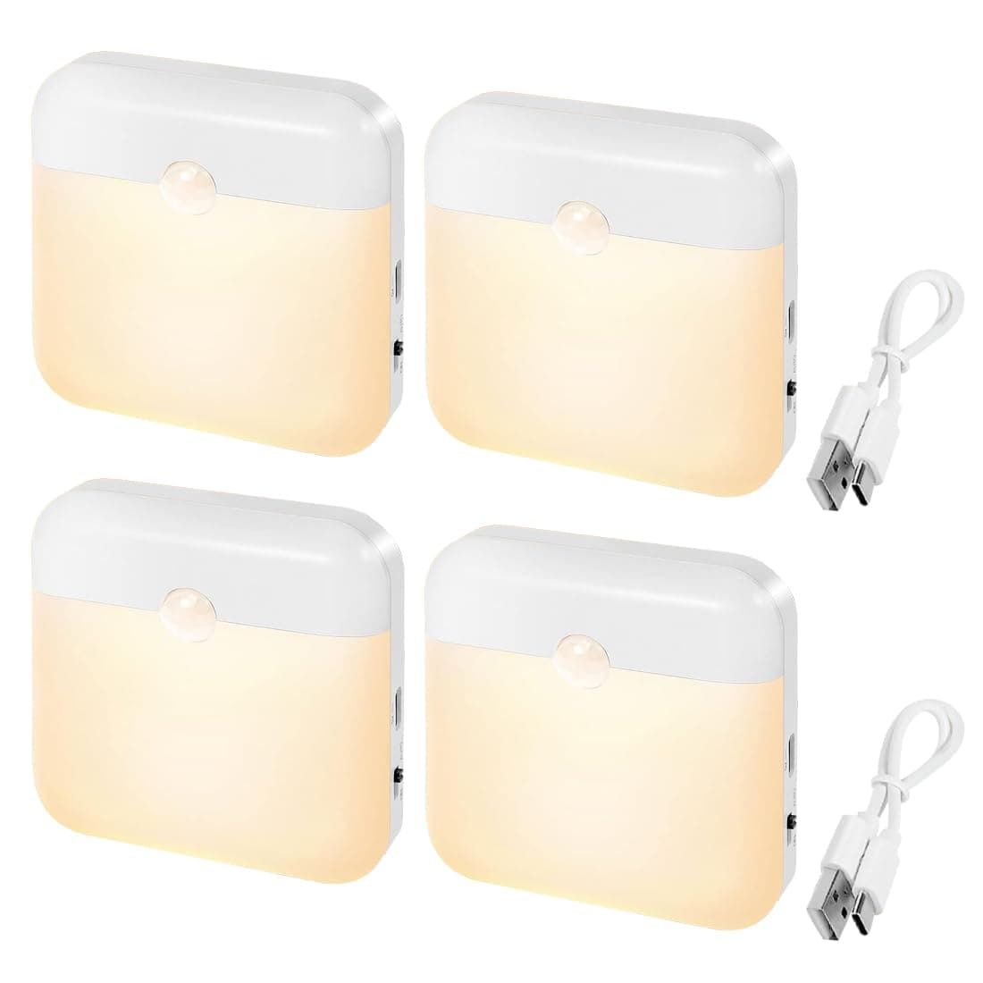 Rechargeable Motion Sensor Night Light, Two Color Switching LED Stick-On Closet Light with Dusk to Dawn Sensor for Wall, Stairs, Hallway, Cabinet (4 Pack, Warm White)