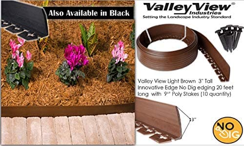 Valley View NDETC-20LB Light Brown 3'' Tall Innovative Dig 20 feet Long with 9‘’ Poly Stakes (10 Quantity) Lawn Edging, Garden Border