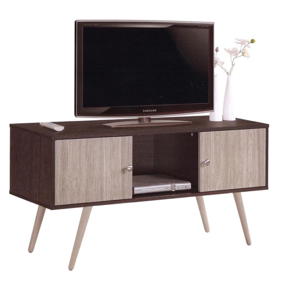 Retro Style TV Stand with Two Storage Doors, and Solid Wood Legs, Chocolate