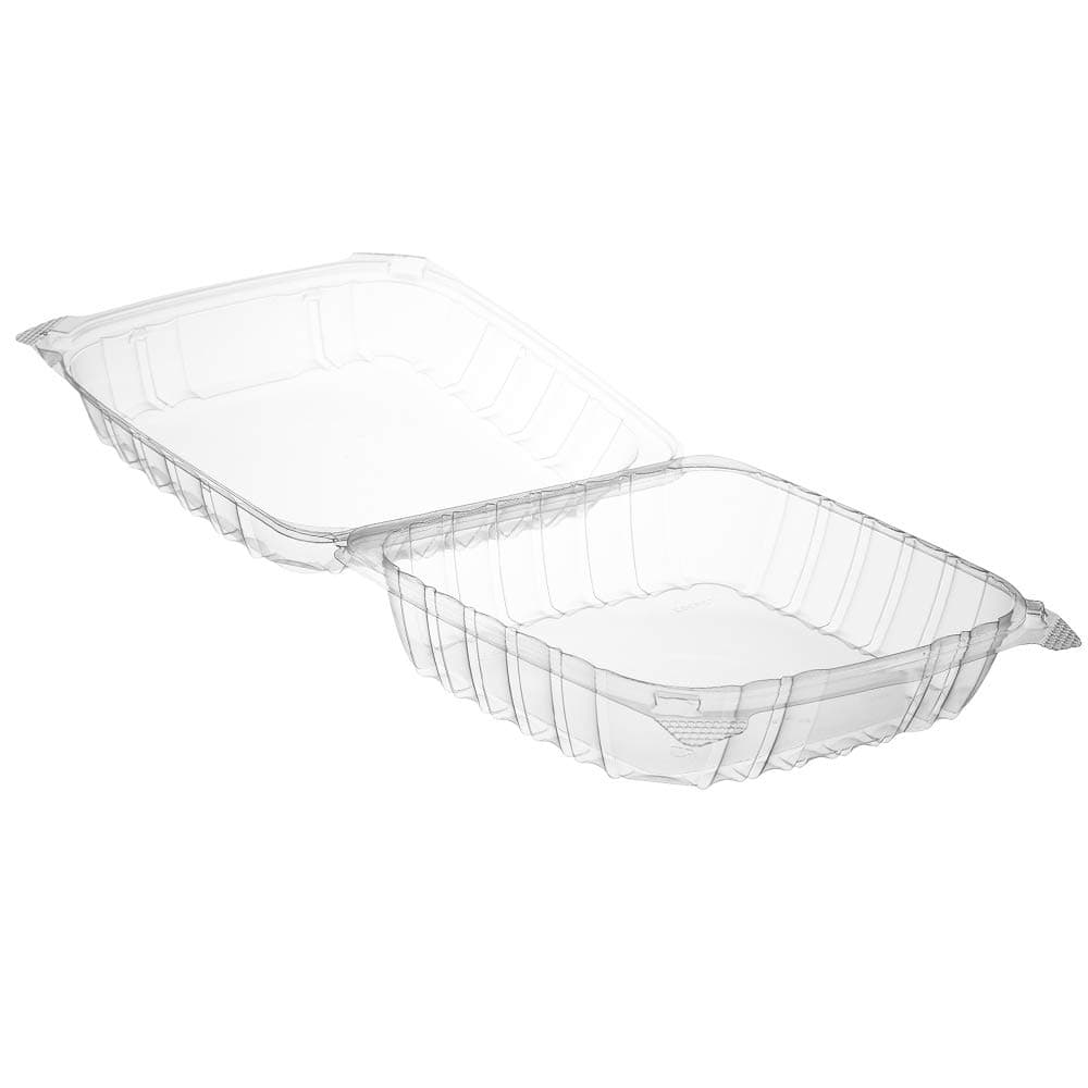 Tezzorio Disposable (50 Pack) 8.3"x8.3"x3" Clear Hinged Take-Out Containers with Snap-On Corners, ClearSeal Clear Hinged Lid Plastic Container, Stackable Clamshell Containers