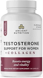 Ancient Nutrition Testosterone Support + Collagen Supplement, Hydrolyzed Collagen Peptides, Key Clinically Studied Superfoods Support Female Hormone Balance & Healthy Testosterone Levels, 90 Capsules