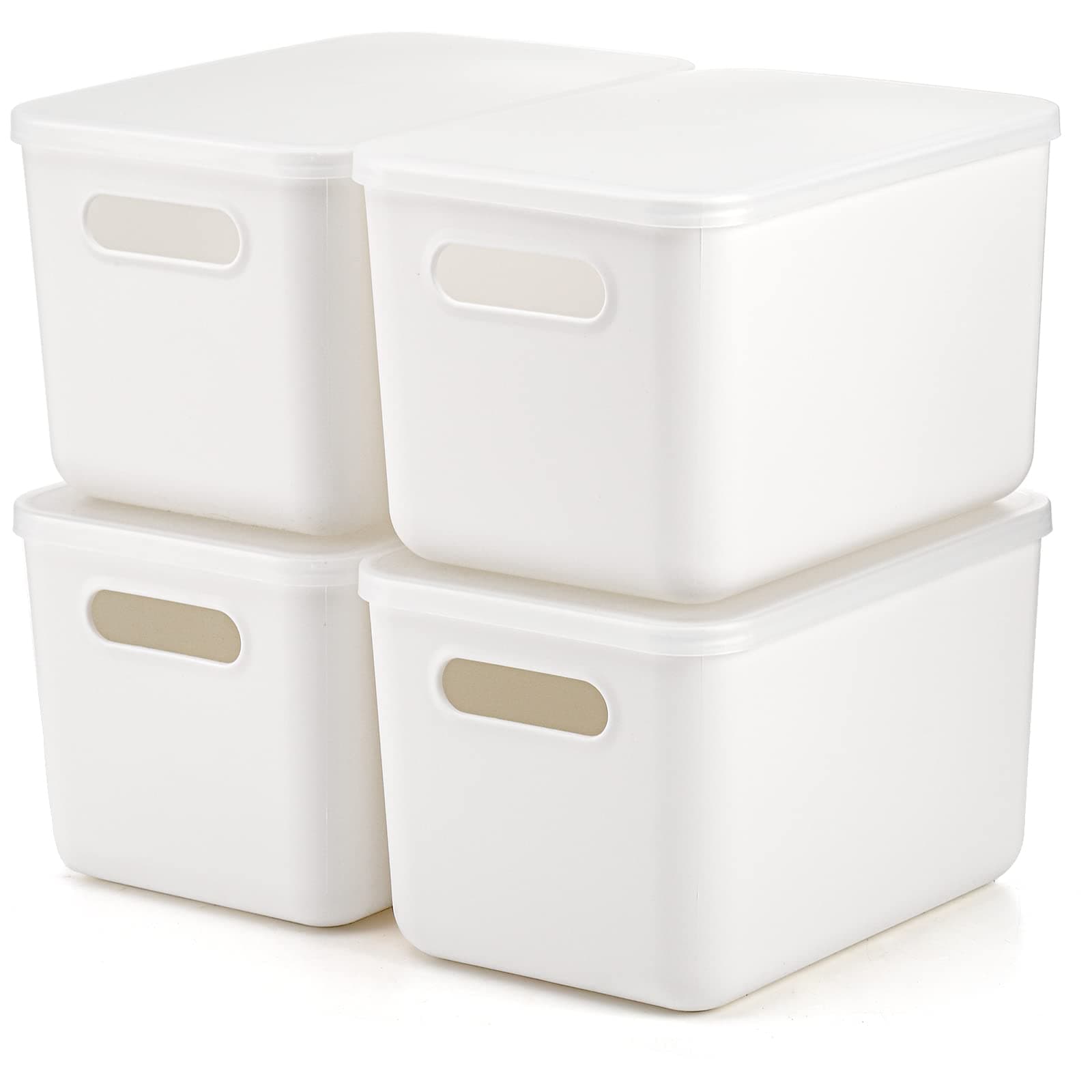 4 Pack Plastic Storage Bins with Lid, White Stackable Storage Basket Organizer Box, Sturdy Containers Organizing Lidded Bins for Shelves, Cabinet, Desk, Pantry, Bedroom, Book, Toys