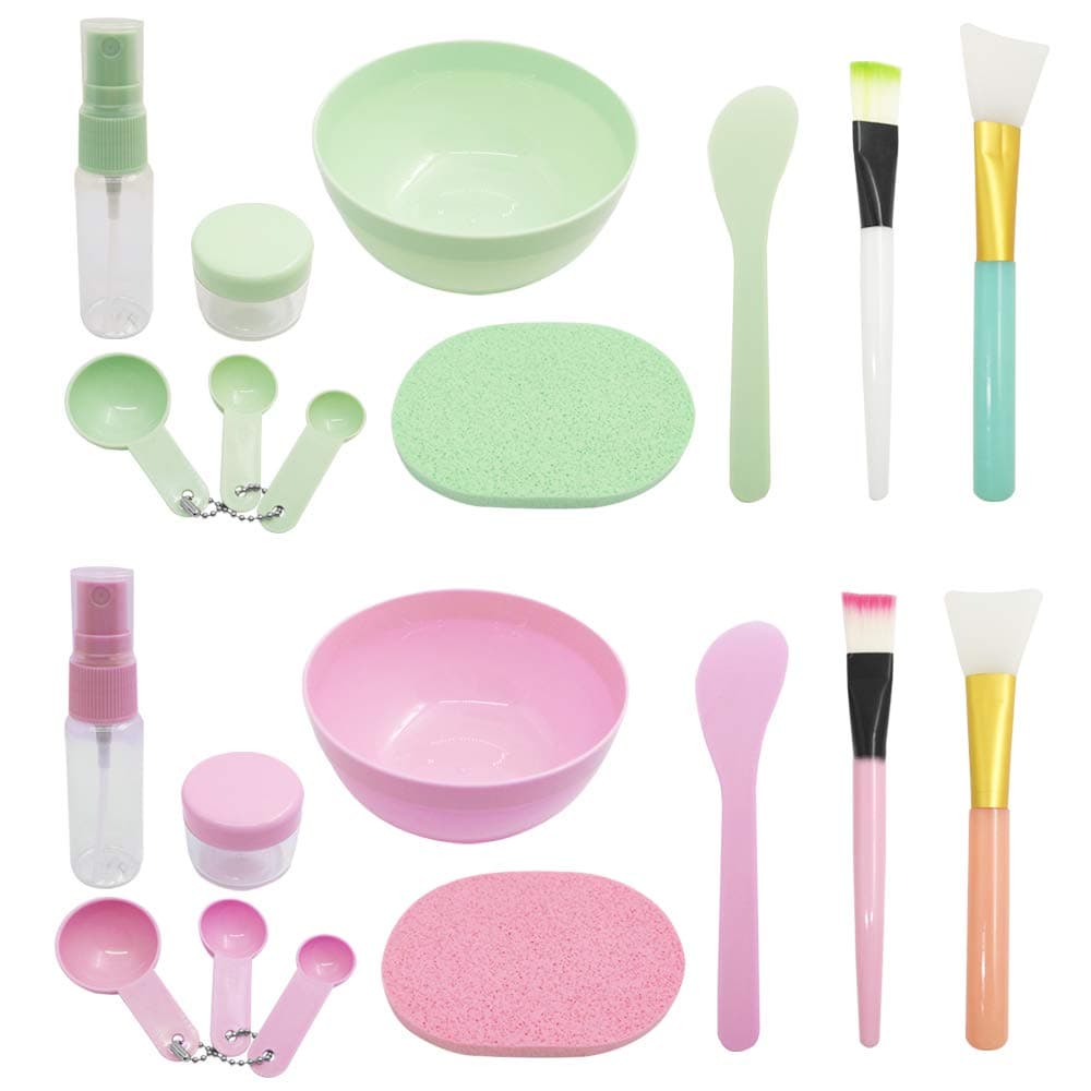 DIY Facemask Mixing Tool Set,YuCool DIY Face Mask Mixing Bowl Kit with Silicone Brushes Facial Mask Bowl Stick Spatula Spray Bottle(Green&Pink,2 Set,10 In 1)
