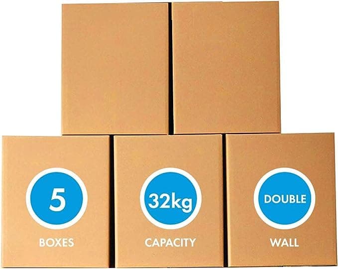 shanu [5 Pack] Large Double Wall 100% Recyclable Corrugated Cardboard Moving Boxes with 32 KG Capacity, 45 x 45 x 70 cm Brown Carton for Packaging, Shipping and Storage, 5 ply