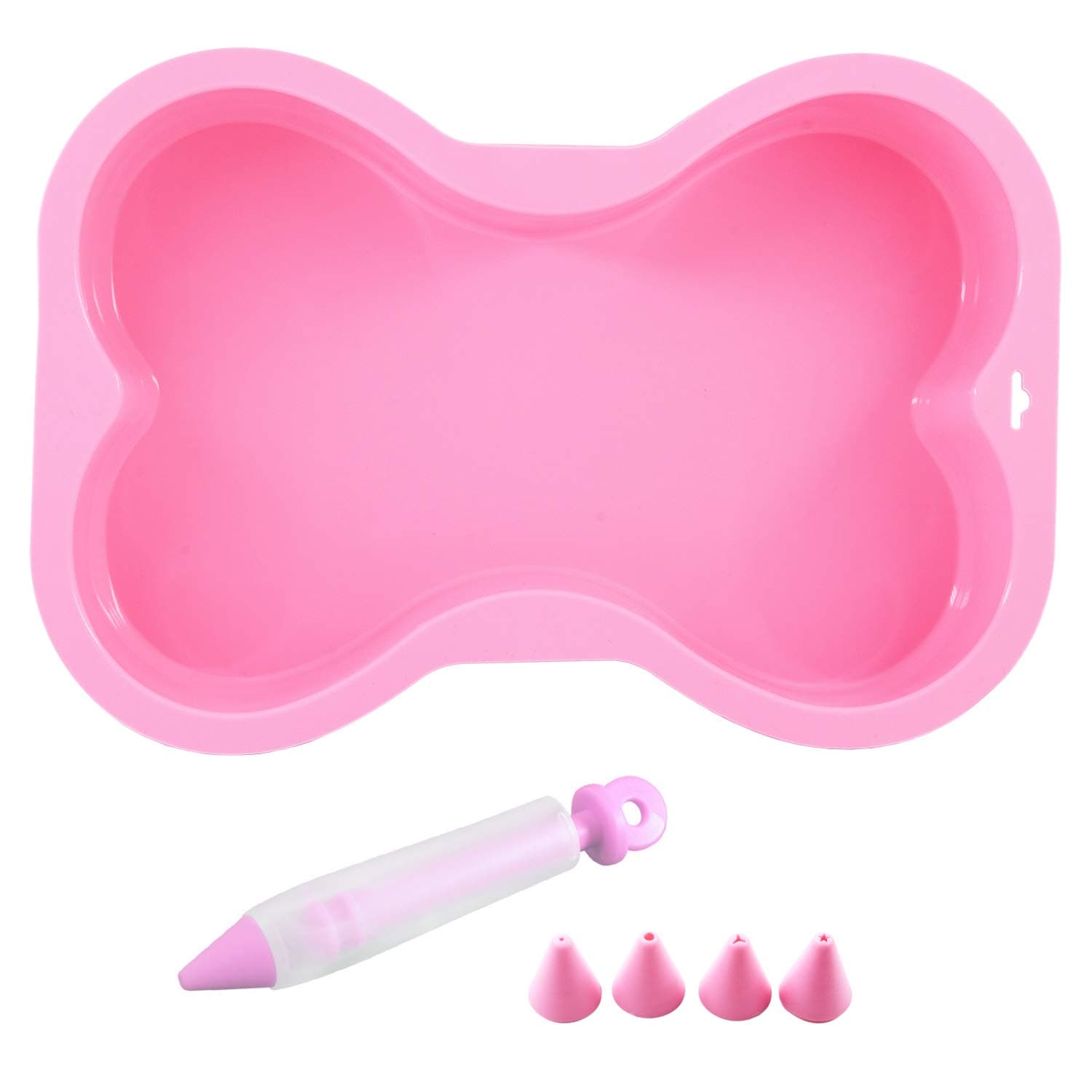 HINMAY Dog Birthday Cake Mold Silicone Bone Shape Cake Pan with Decorating Pen (Pink, 10")