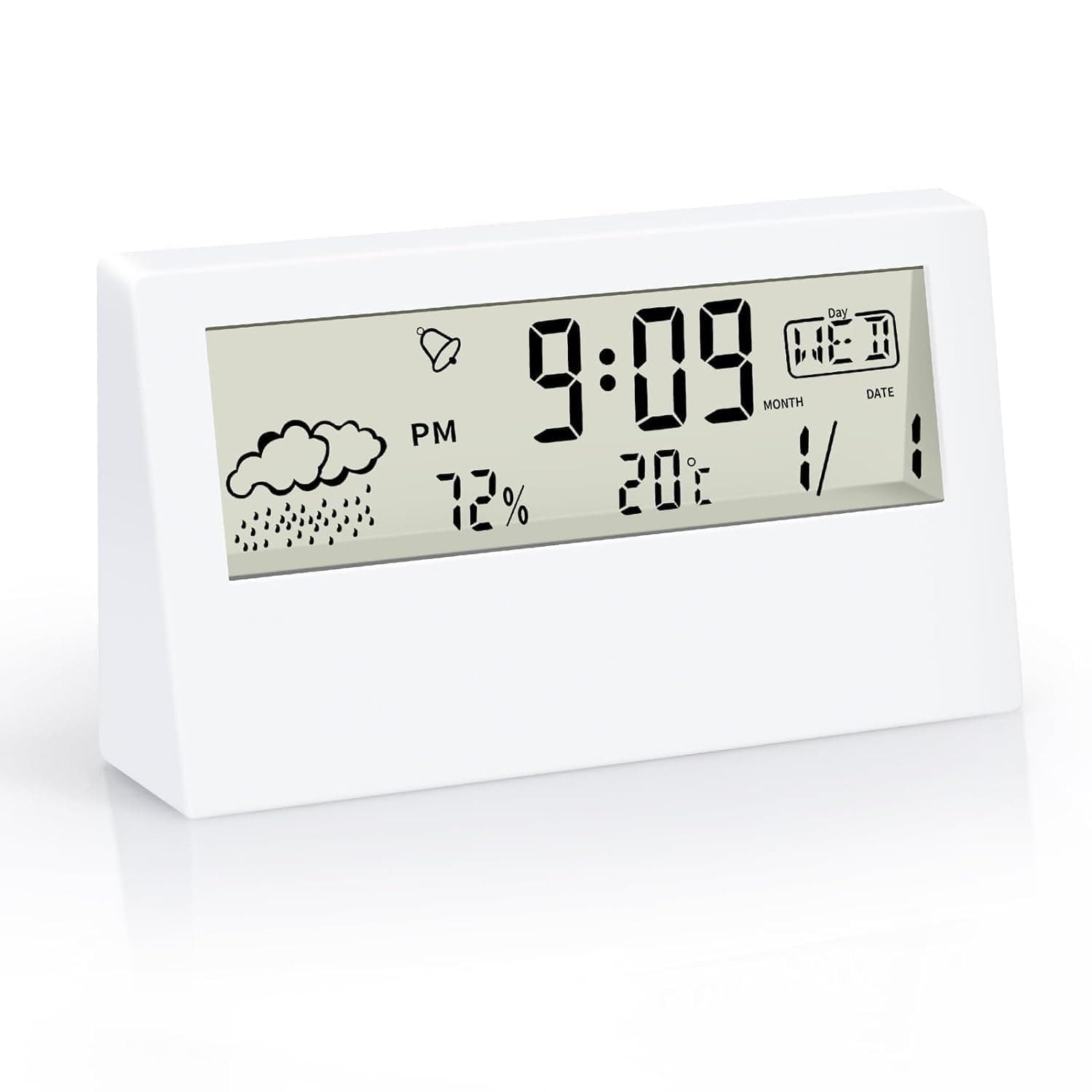 Plastic Digital Alarm Clock, Transparent LCD Display with Indoor Temperature, Humidness, Snooze, Date,Week,12/24H, Battery Operated Alarm Clock Desk Clock for Bedrooms, Living Room, White