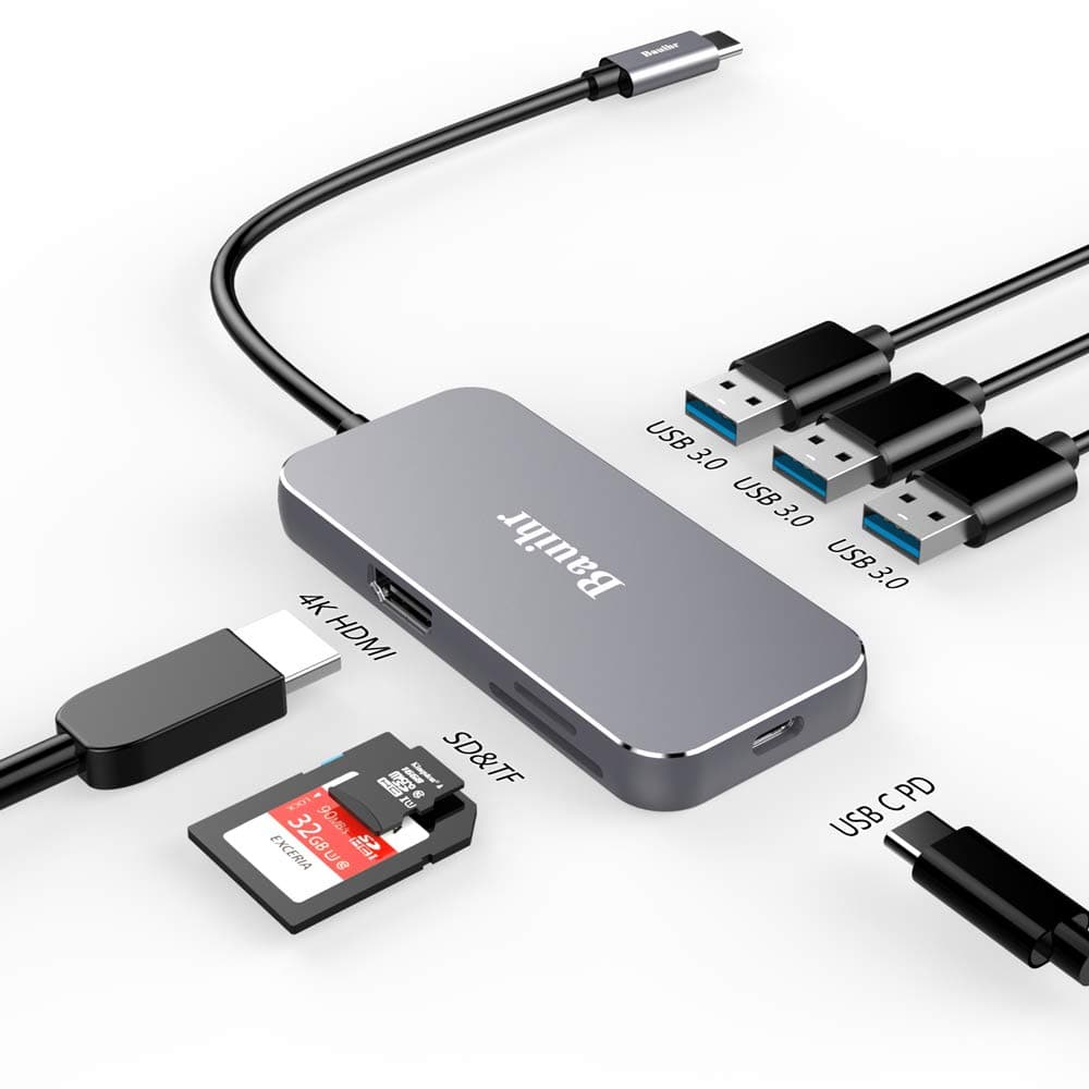 USB C Hub Adapter, Bauihr USB C Data Hub 7 in 1 with Type C Charging Port, HDMI Port,3USB 3.0 Port, SD & Micro SD Card Reader for MacBook Pro, Galaxy S8 Ultra Slim USB-C Hub