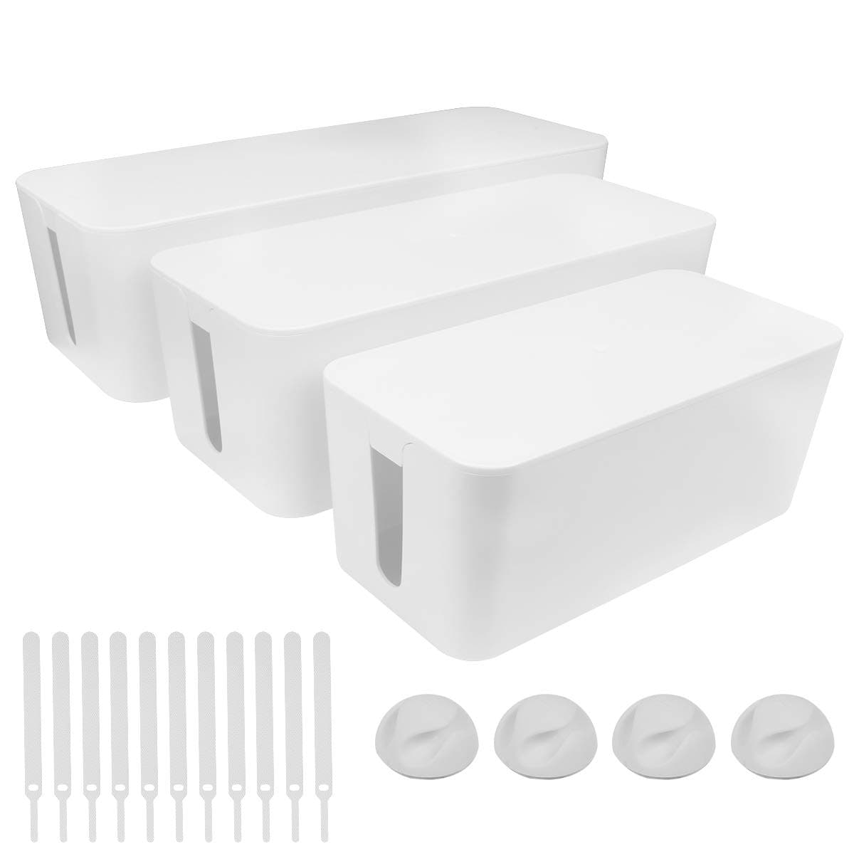 Cable Management Box - 3 Pack Cord Organizer Box for Desk - Large Medium Small Cable Box to Hide Power Strip & Wires - Pet-Safe Cord Hider for TV Computer Under Desk - White