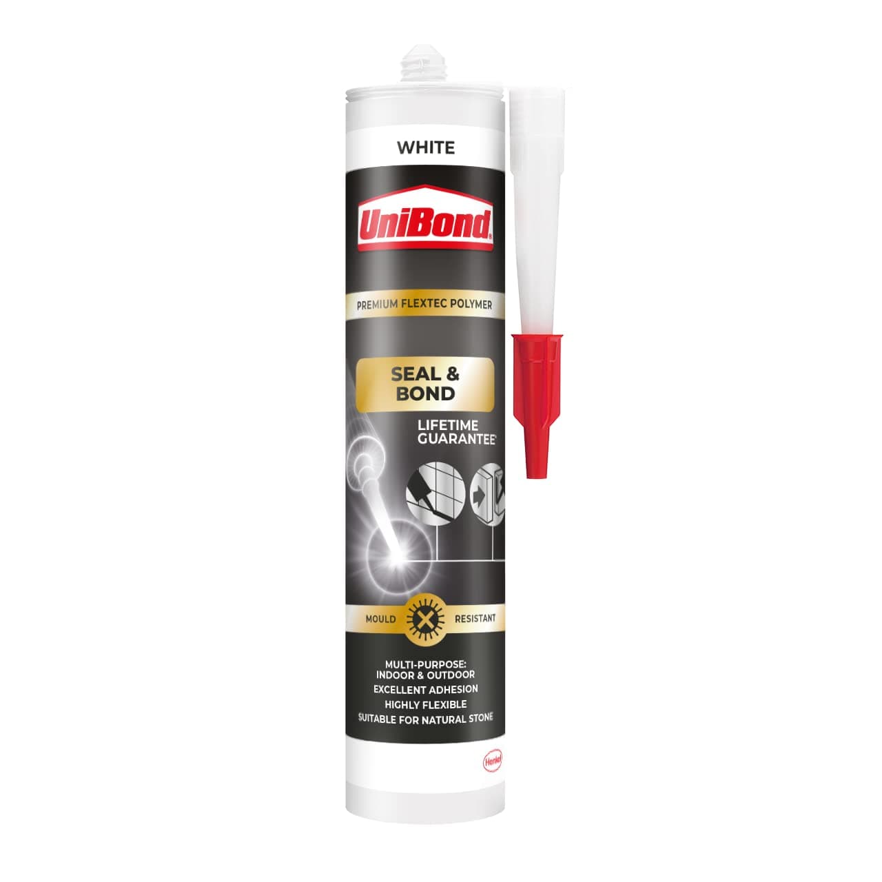 UniBond Seal & Bond Multi-Purpose Mould-Resistant Waterproof Sealant for Kitchen and Bathroom, White, 1 x 389g Cartridge