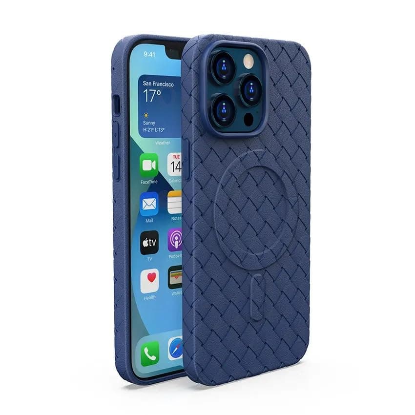Swanky Woven Pattern TPU Leather with magnet back cover for iPhone 14 Pro Max (Blue)