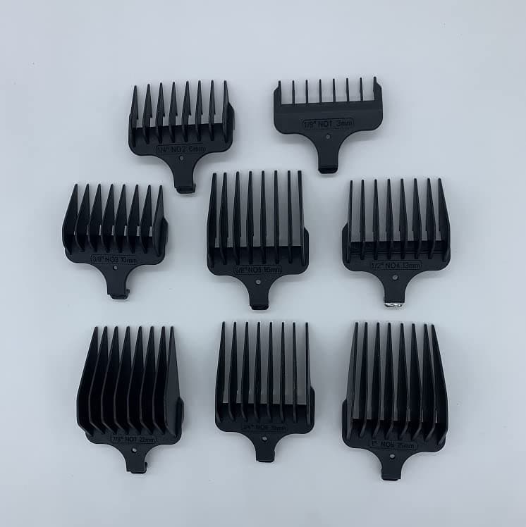 Replacement 8 piece Comb Set for Specified Wahl 40mm Detachable T-blade Trimmers models 3205, 3266, 9686, 9854L, 9876L, 9854, 9855, 9860, 5598, 9816-200, 5598, 9816, 9818, 9818L, 9864, 9867, 9867-100