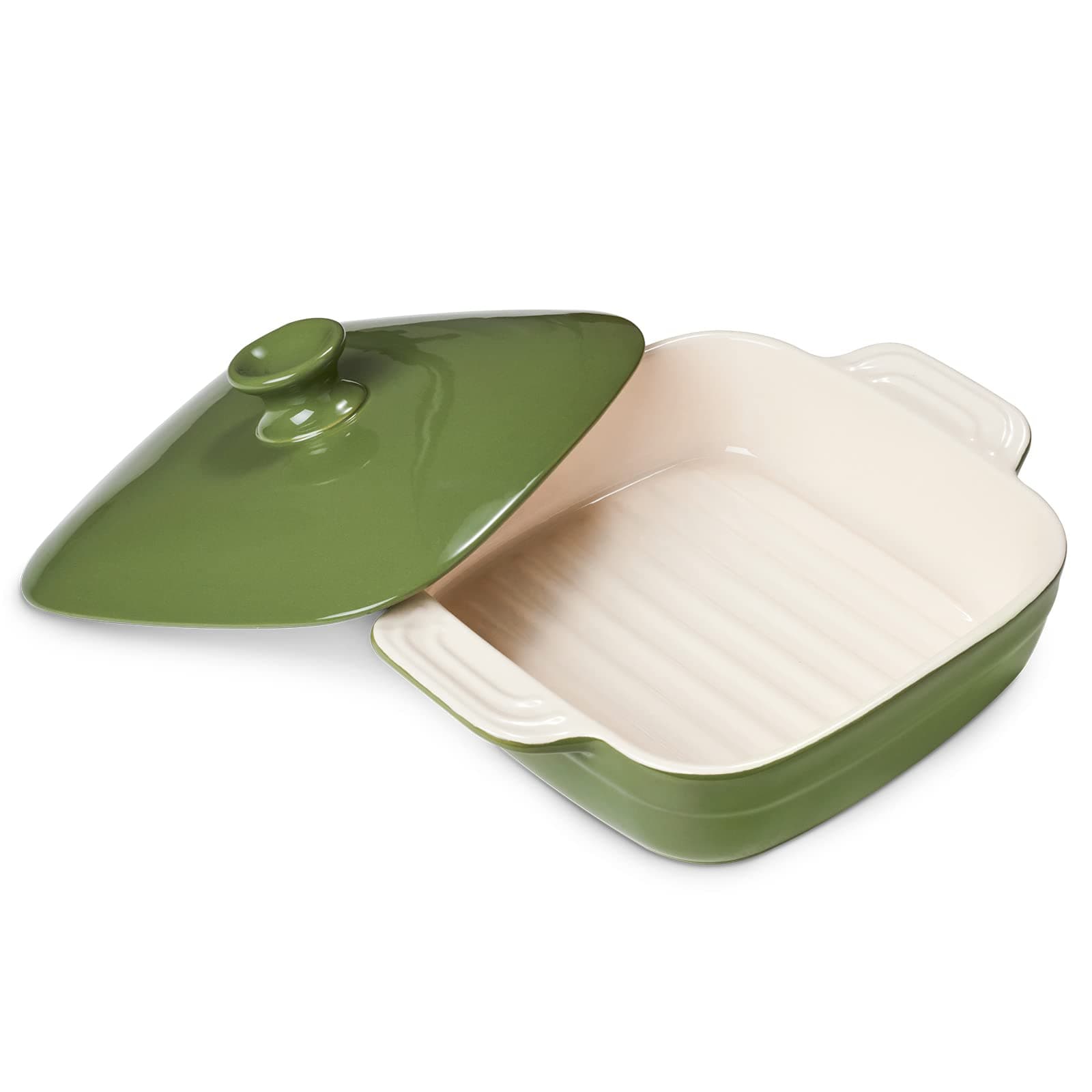 DOWAN Baking Dish With Lid, Ceramic Casseroles dish with lids, Lasagna Pan Deep, 1.6 Quarts Rectangular Bakeware With Handle Oven Safe for Cooking, Dinner, Home Gift, 8 x 8 Inches, Green