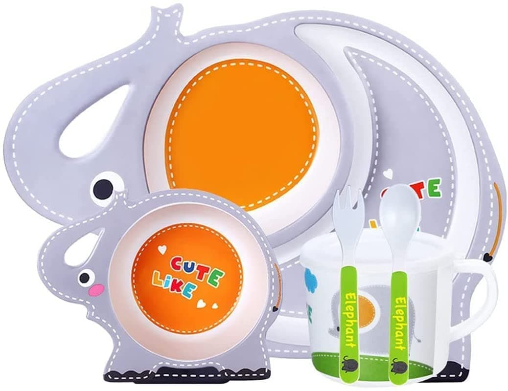 GLIVE (LABEL) Baby Tableware Set 5pcs Kids Dinnerware Eco Friendly Bamboo Fiber Dinner Set for Weaning Toddler/Kids, Self Feeding Baby Utensil - Plate,Bowl,Glass,Spoon,Fork (Elephent)