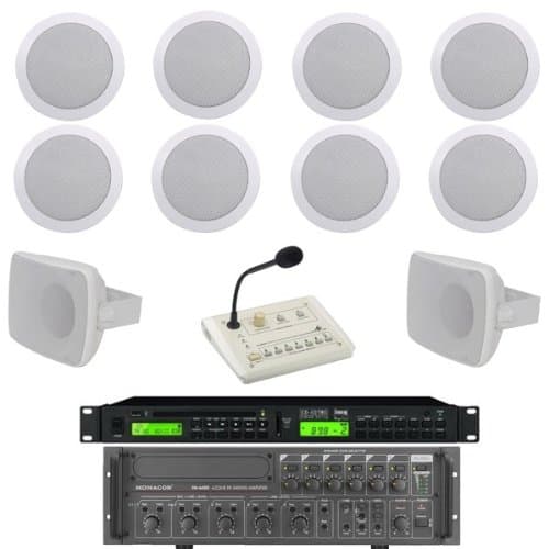 8 Ceiling Speaker Kit with Amplifier, CD/MP3, Paging Mic and 2 Outdoor Speakers