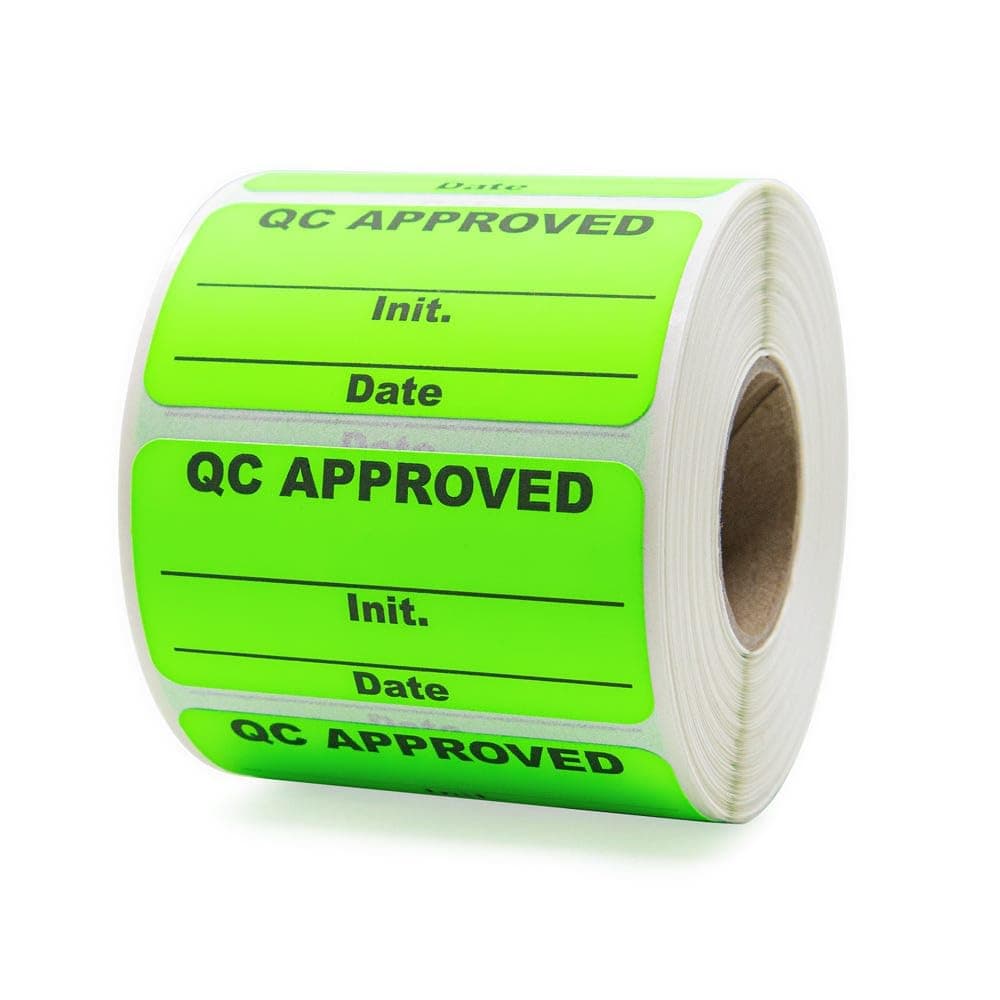QC Approved Quality Control Labels, 2" x 1", Bright Green, 500 Labels per Roll, Permanent Adhesive for Inspection & Inventory Use