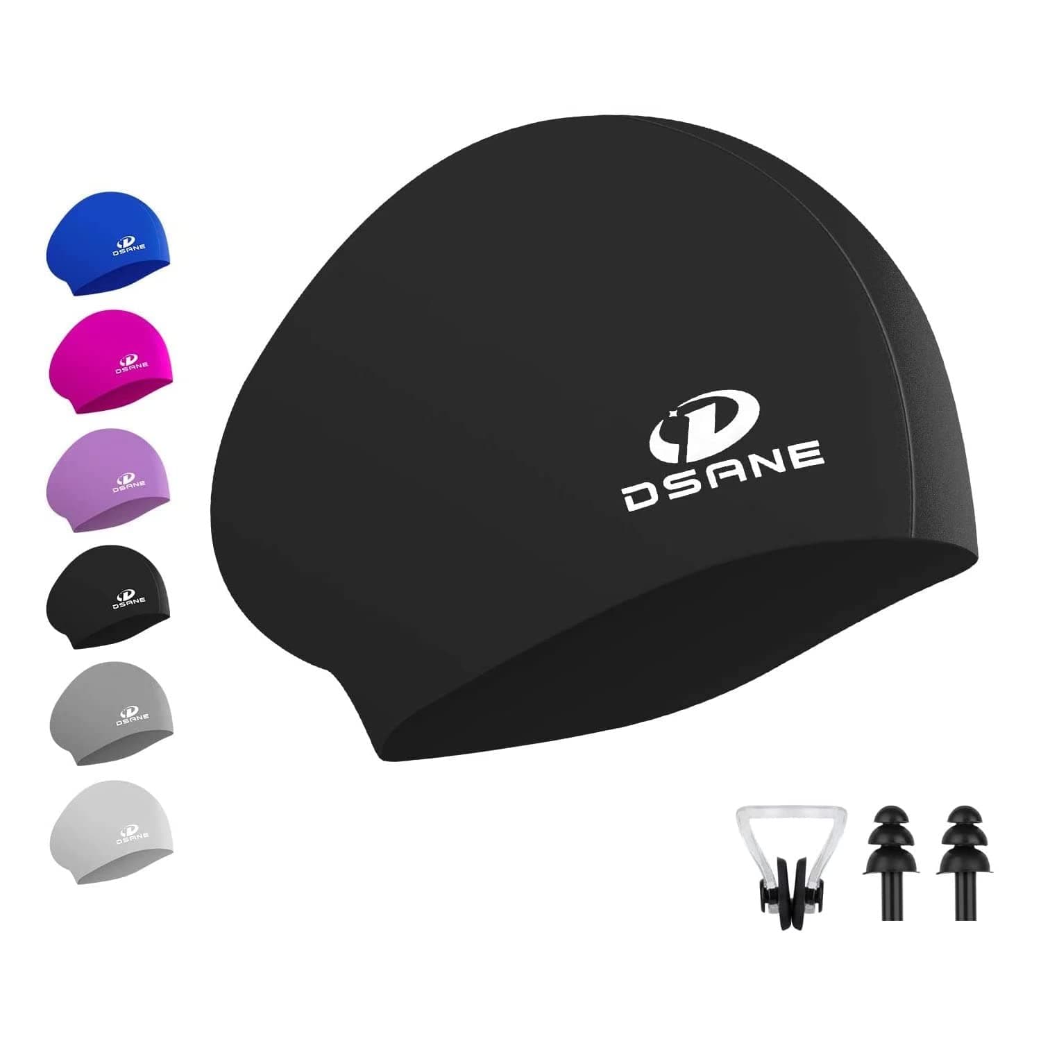 Womens Silicone Swim Cap for Long Hair,3D Ergonomic Design Silicone Swimming Caps for Women Kids Men Adults Boys Girls with Ear Plug and Nose Clip
