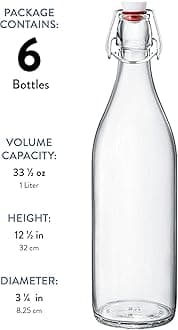 Giara Swing Top Bottles 33 ¾ Ounce/1 Liter (6 Pack) ROUND Clear Glass Grolsch Flip Top Bottle With Stopper, for Beverages, Smoothies, Kefir, Beer, Soda, Juicing, Kombucha, Water, Milk, Oil and Vinegar