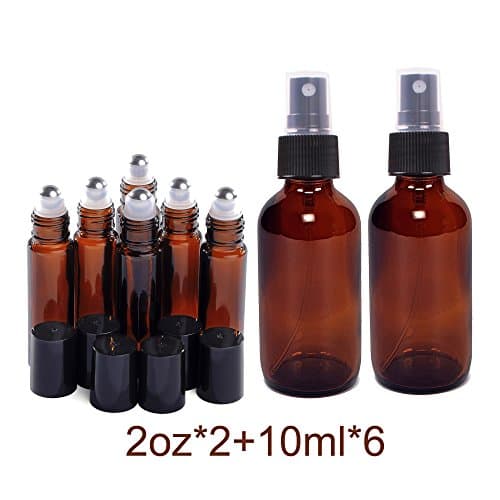 2oz and 10ml (2+6) Spray Bottle and Roller Bottle Set, Empty Refillable Glass Bottles, Stainless Steel Roll On Balls, Black Fine Mist Sprayer, for EO, Tonner, Perfume or DIY Mosquito Repellent Amber