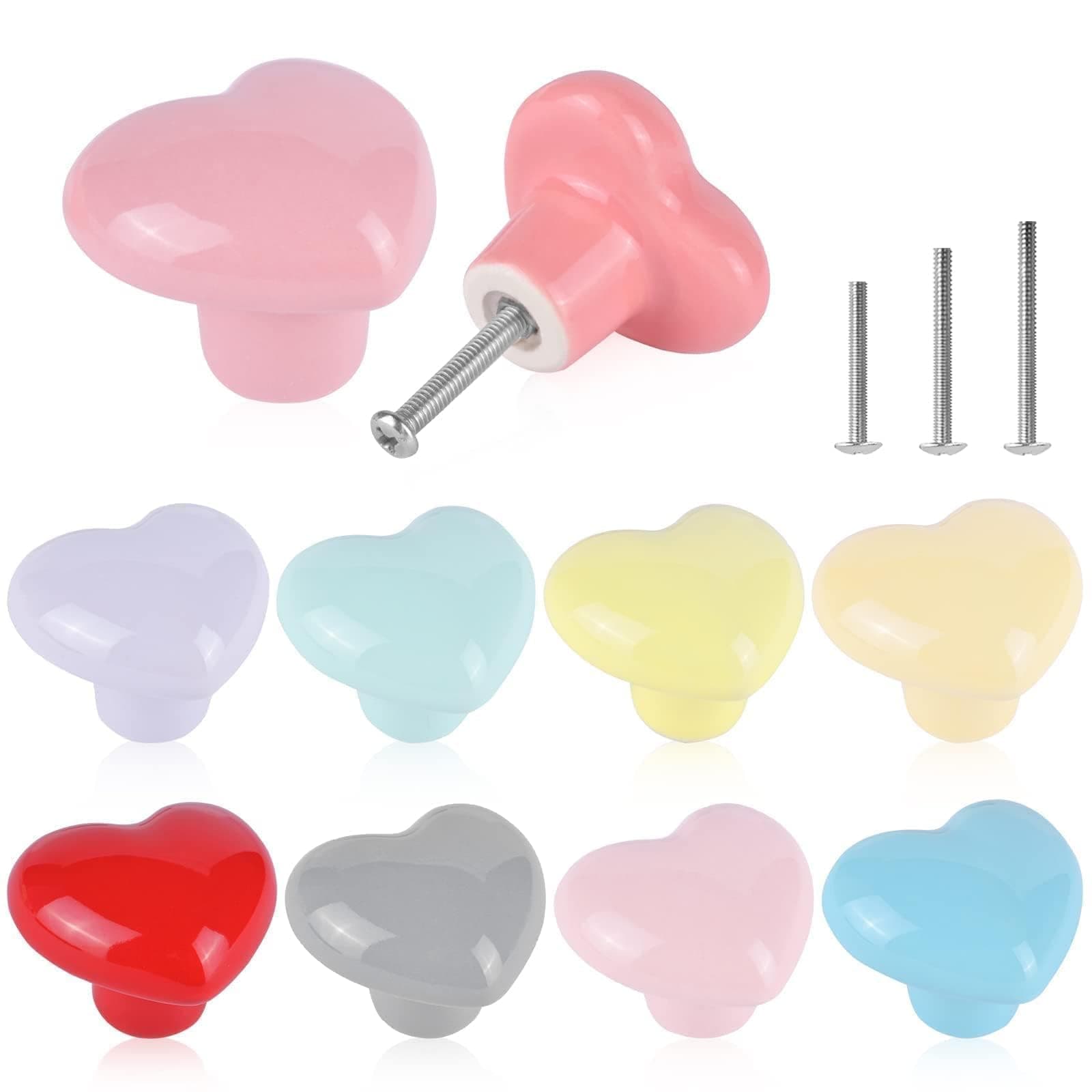 10x Colorful Cute Glossy Ceramic Knobs Door Pull Knob Cabinet Love-Heart Shape Ceramic Drawer Kitchen Dresser Kids Child Pulls Wardrobe Handle