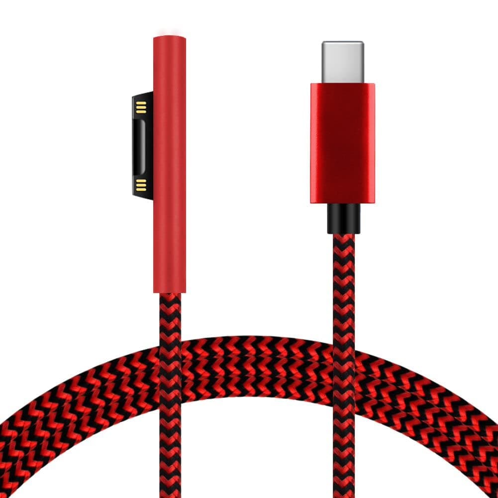 Sisyphy Nylon Braided Surface Connect to USB-C Charging Cable (6ft Red), Requires 45W 15V/3A USB-C Charger PD Power Supply, Compatible with Microsoft Surface Pro7/6/5/4/3 Go 3/2/1 Laptop