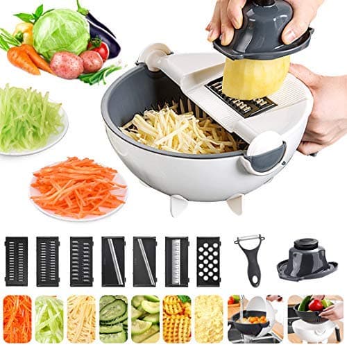 Rotate Vegetable Cutter, 9 in 1 Multifunction Vegetable Slicer with Drain Basket Large Capacity Vegetables Chopper Portable Veggie Shredder Grater