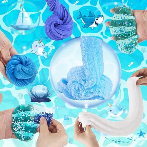 LAWOHO 6 Packs Gradient Blue Slime Kit - Ocean Themed, Non Sticky, Stress Relieving, Party Favors for Kids & Adults, 360ml