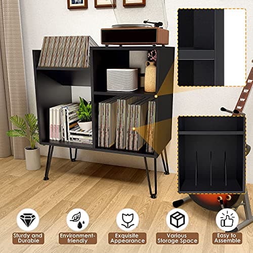 Record Player Stand, Turntable Stand with Record Storage, Vinyl Record Storage Cabinet with Metal Legs, Record Player Table Holds Up to 250 Albums for Living Room, Bedroom, Office, etc (Black)