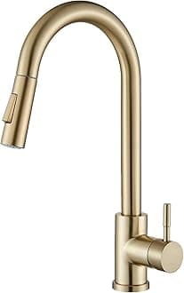 Brushed Gold Kitchen Tap, Pull Down Sprayer Tap with High Arc Spout, Single Handle Stainless Steel Mixer Tap, Dual Function Spray Head