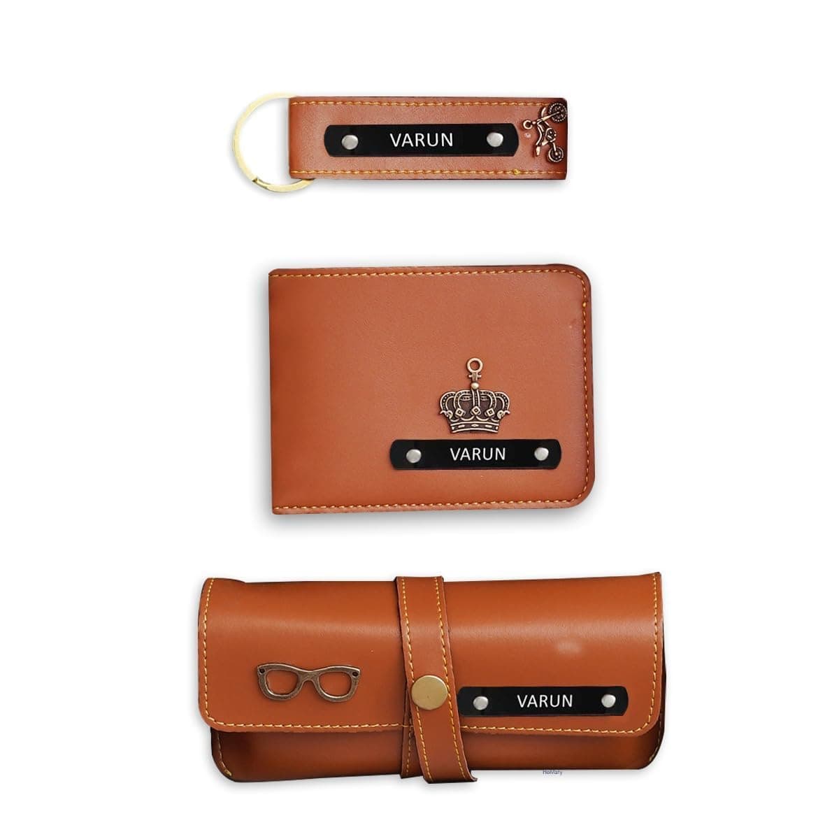 Personalized Leather Wallet, Keychain & Eyewear Case Set for Men | Custom Name Gift Combo with Crown & Bike Charm – Premium Tan Brown Leather Accessories