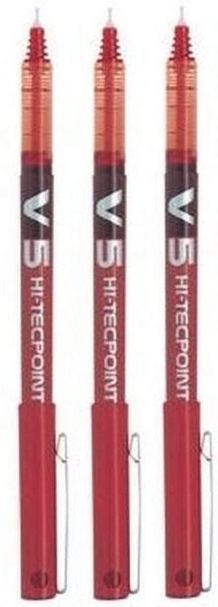 Pilot Bx V5 Red Hi-Tecpoint Extra Fine Rollerball Pen 0.5Mm Nib Tip 0.3Mm Line Width (Pack Of 3)