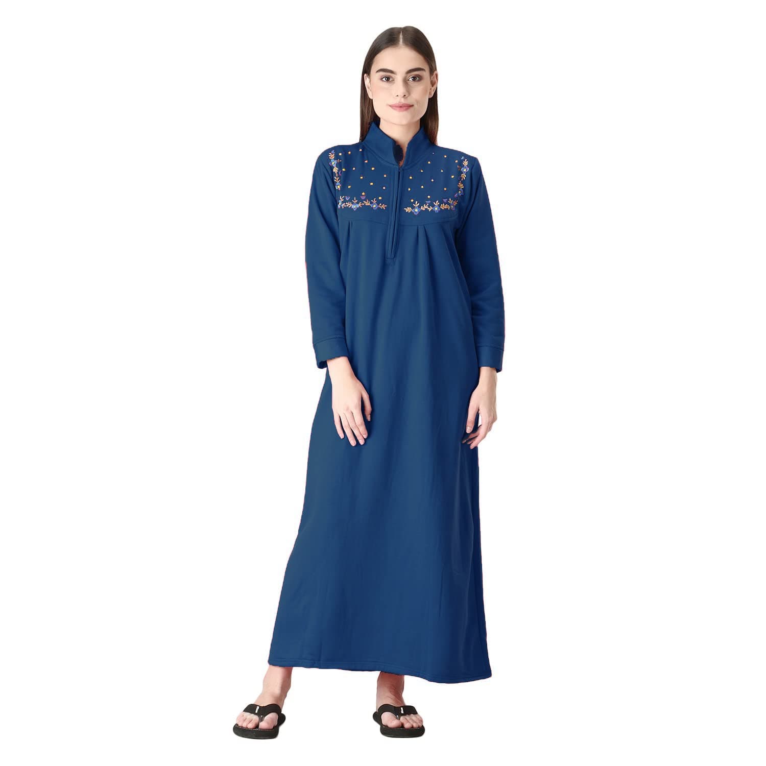 Women's Fleece Solid Maxi Nighty