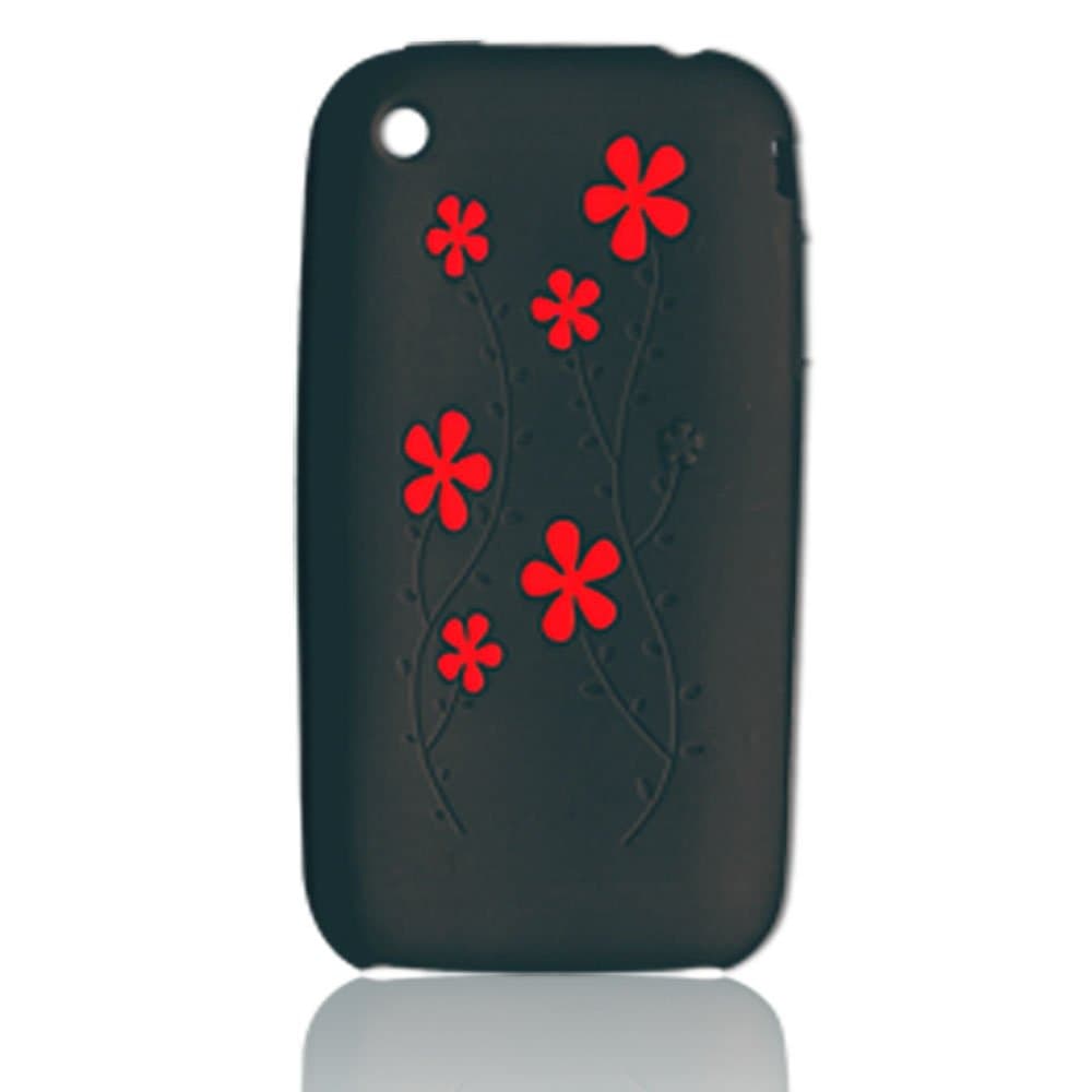 CellAllure Silicone Protector for iPhone - Black with Red Flowers