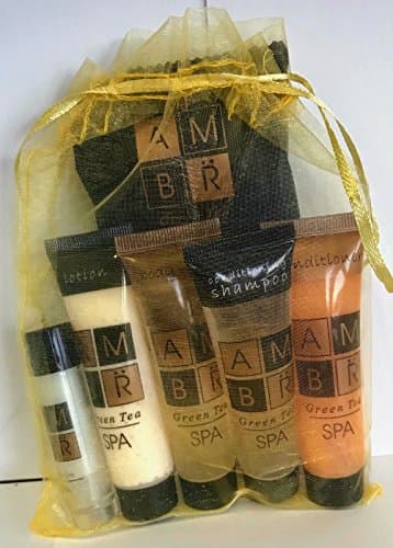 Amenity Spa Travel Kit: Each AMBR Spa Kit Includes a Shampoo, Conditioner, Lotion, Body Wash, Luxury Soap Bar, Lip Balm and Golden Sheer Bag (25 AMBR Spa Kits per Order)