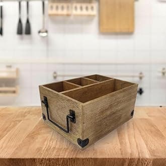 Wood Cutlery Holder Wooden Table Caddy Flatware Utensil Holder Spoon Stand With Handle Dining Table Organizer - Brown