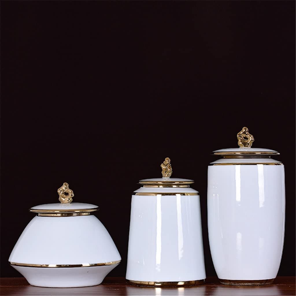 SADFSD White Glazed Ceramic jar vase Storage jar with lid Ceramic Handicraft Ornament Golden Handle Tea jar (Color : A, Size : B)
