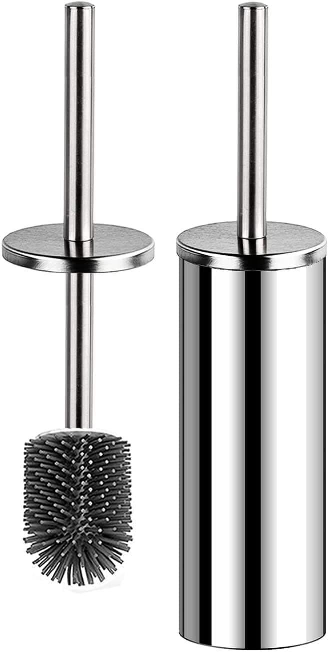 Toilet Brush and Holder,Stainless Steel Lid Handle,Silicone Deep Cleaner Toilet Brushes with Quick Drying Holder Set for Bathroom Toilet(Silver)