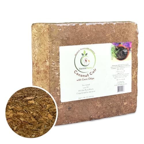 VermisTerra - Coco Coir and Chips, Compressed Brick - Approx 9 LB (1.7 cu ft) - for Container Garden and Potting Mix, Coconut Coir with Chunky Chips for Aeration and Stability