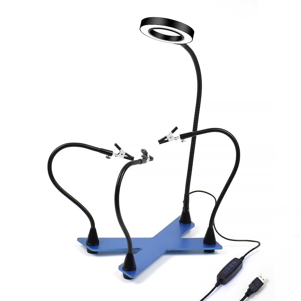 Helping Hands Soldering Toolour Third Hand Tools - 4 Metal Arms with 3X Magnifying Glass Adjustable LED Round Light Crocodile Clips and Heavy Duty Base for Electronic Repair Soldering Jewelry Crafts