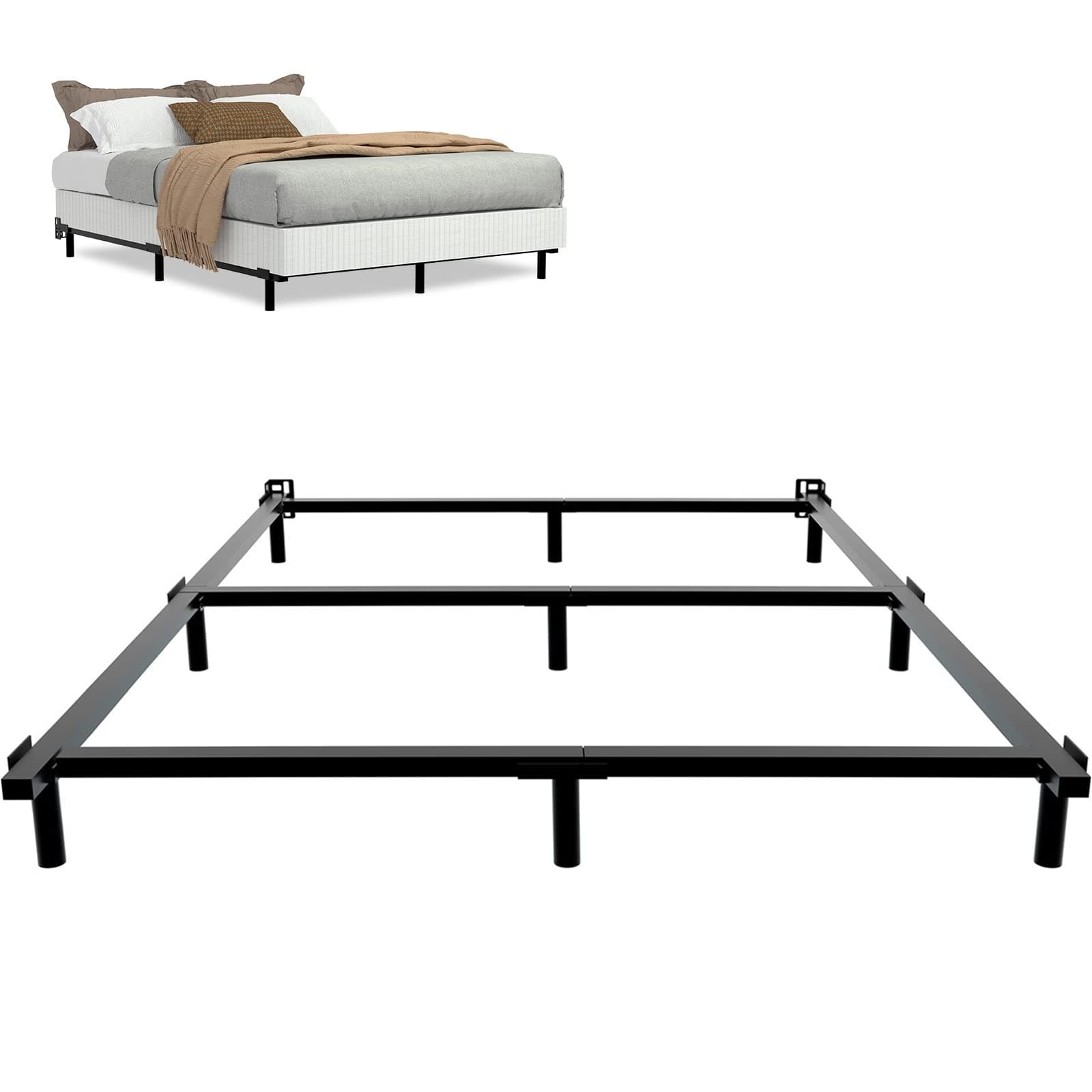 DTIG 7 Inch King Size Metal Bed Frame for Box Spring and Mattress 9-Leg Base Heavy Duty Bed Frame Tool-Free Easy Assembly Box Spring Base Black