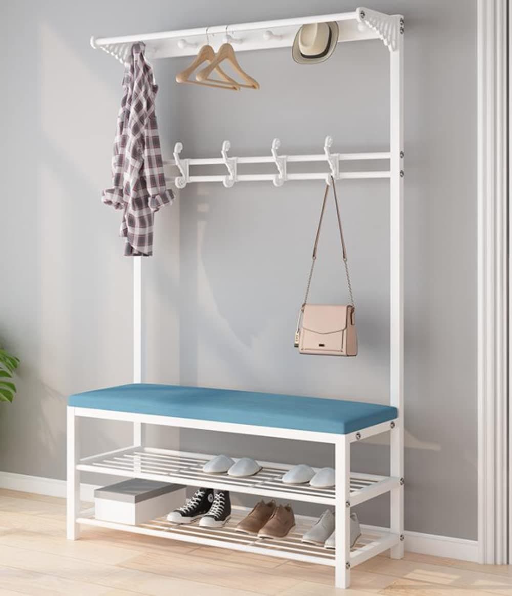 QA Coat Rack Shoe Bench，4 in 1 Multifunctional Coat Tree，Entryway Bench with Storage，Metal Clothes Rack with 10 Hooks，Top Shelf, for Entryway Living Room Bedroom (X-036-White+Blue)
