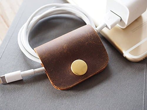 CRATLY Multipurpose Taco Cable Holder Clips Organizer/Cable Wire Holder/Made of Pure Leather Having Brass Button Made of Leather Set of 1, Size 3.5x2.5 Inch (LXB)